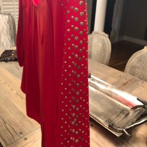 Red silk WHBM Blouse with gold on the sleeve.